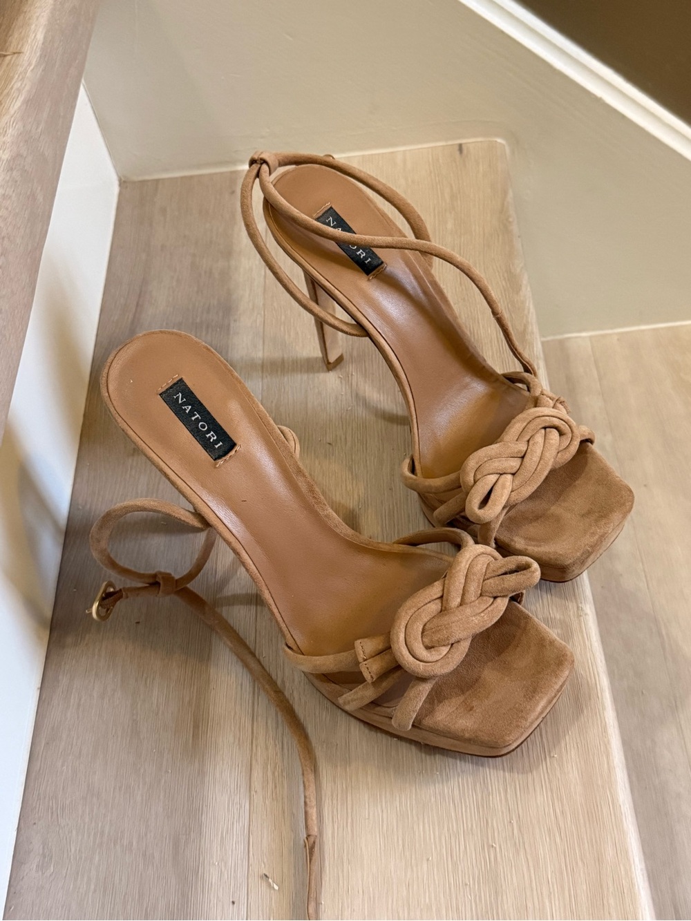 Natori Tan Suede Knot Front Stiletto Sandals with Wrap Straps